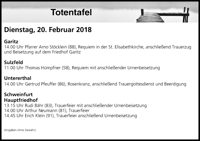  Traueranzeige für Totentafel vom 20.02.2018 vom 20.02.2018 aus MGO