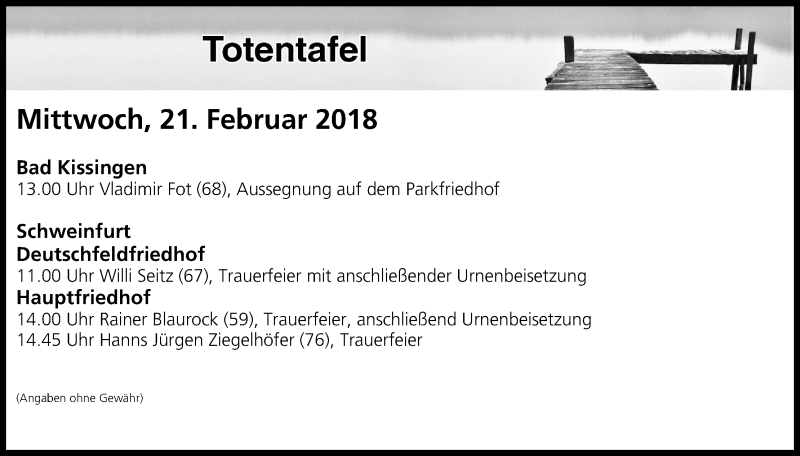  Traueranzeige für Totentafel vom 21.02.2018 vom 21.02.2018 aus MGO