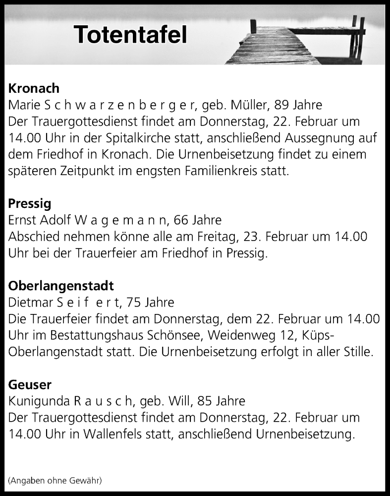  Traueranzeige für Totentafel vom 21.02.2018 vom 21.02.2018 aus MGO