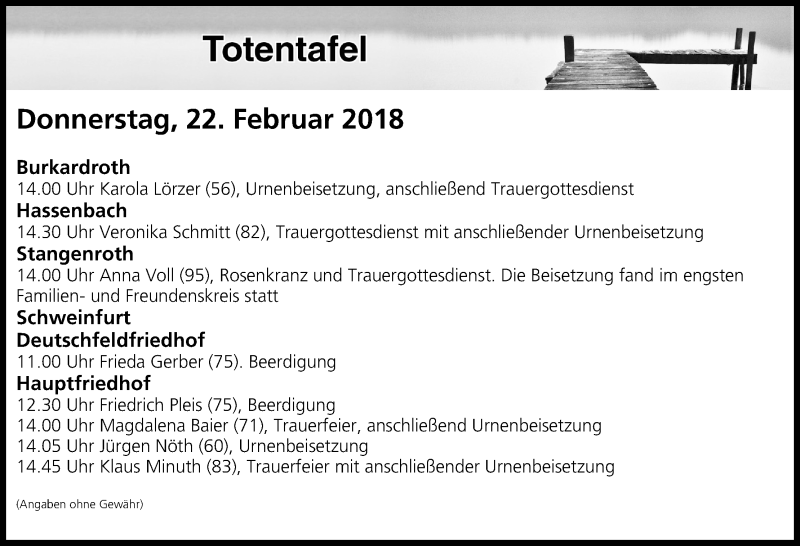  Traueranzeige für Totentafel vom 22.02.2018 vom 22.02.2018 aus MGO