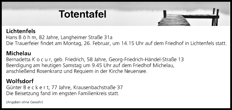  Traueranzeige für Totentafel vom 24.02.2018 vom 24.02.2018 aus MGO