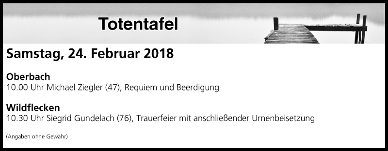  Traueranzeige für Totentafel vom 24.02.2018 vom 24.02.2018 aus MGO