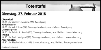 Anzeige von Totentafel vom 27.02.2018 von MGO