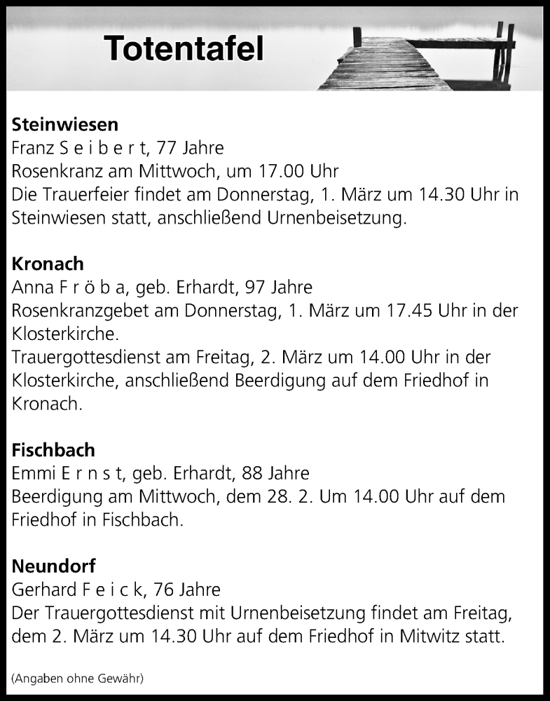  Traueranzeige für Totentafel vom 28.02.2018 vom 28.02.2018 aus MGO