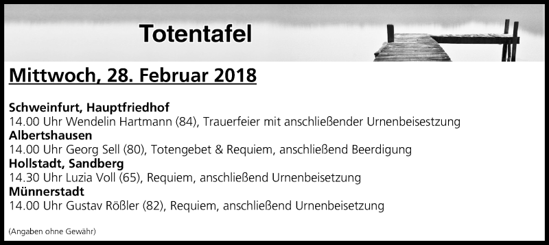  Traueranzeige für Totentafel vom 28.02.2018 vom 28.02.2018 aus MGO