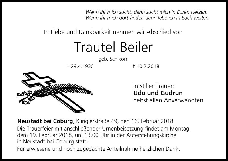  Traueranzeige für Trautel Beiler vom 16.02.2018 aus MGO