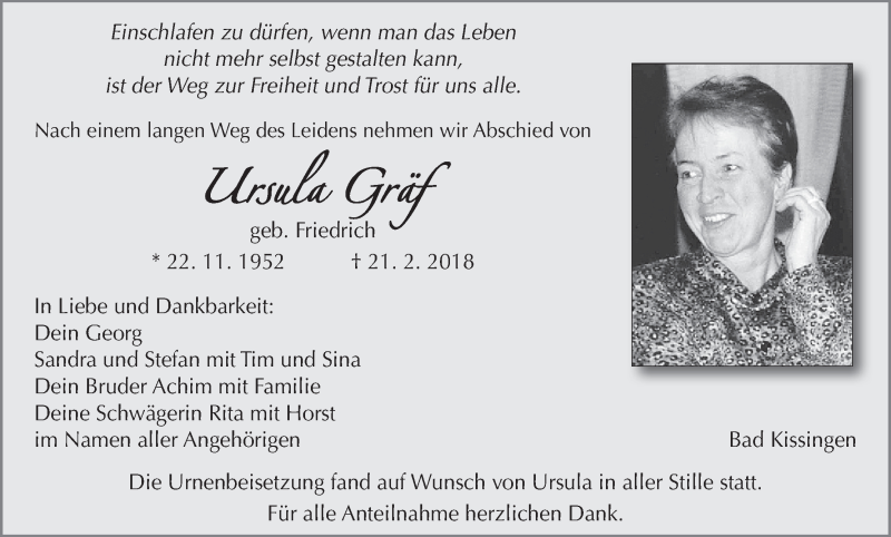  Traueranzeige für Ursula Gräf vom 28.02.2018 aus MGO