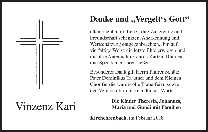  Traueranzeige für Vinzenz Kari vom 10.02.2018 aus MGO