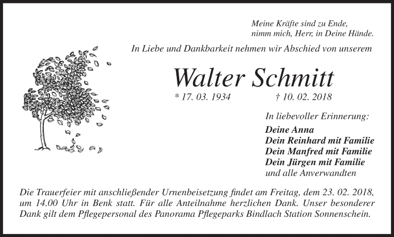  Traueranzeige für Walter Schmitt vom 20.02.2018 aus MGO