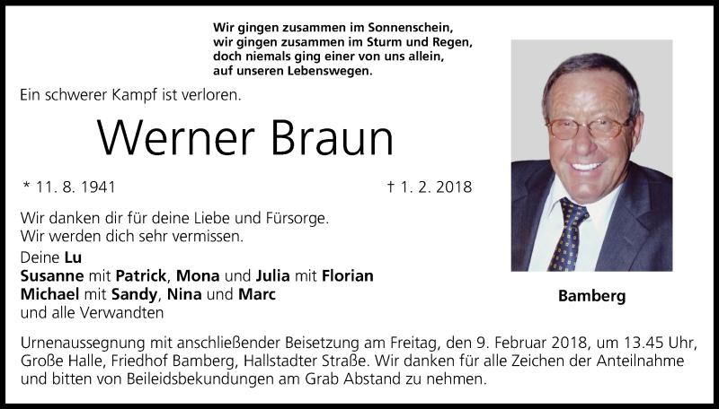  Traueranzeige für Werner Braun vom 06.02.2018 aus MGO