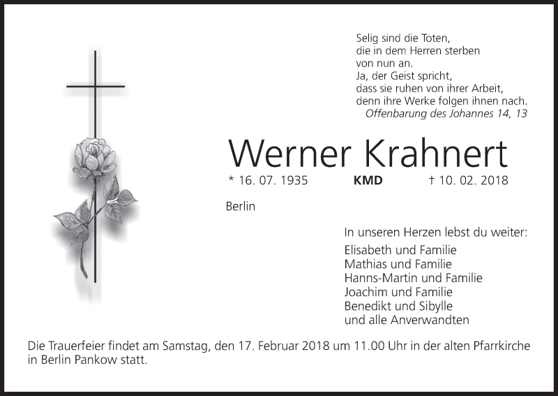  Traueranzeige für Werner Krahnert vom 16.02.2018 aus MGO