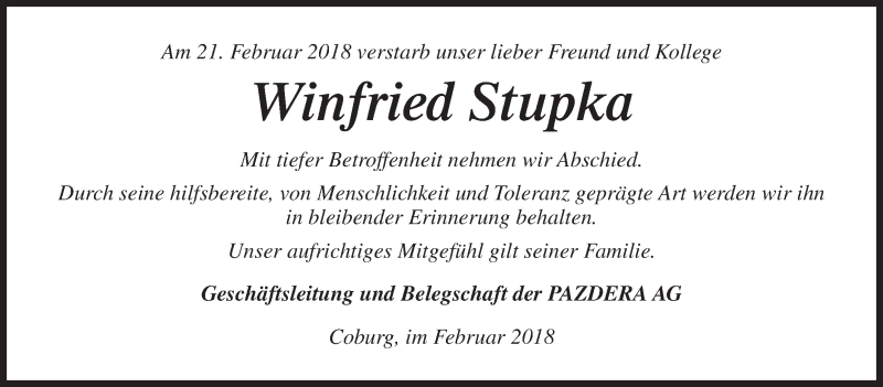  Traueranzeige für Winfried Stupka vom 27.02.2018 aus MGO