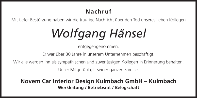  Traueranzeige für Wolfgang Hänsel vom 16.02.2018 aus MGO
