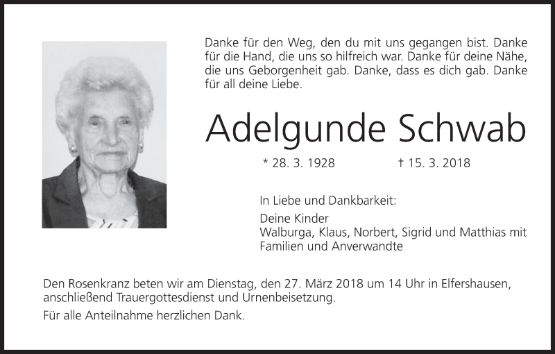  Traueranzeige für Adelgunde Schwab vom 24.03.2018 aus MGO