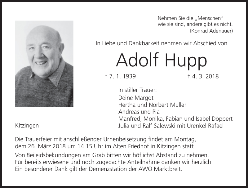  Traueranzeige für Adolf Hupp vom 23.03.2018 aus MGO