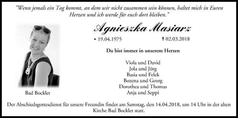  Traueranzeige für Agnieszka Masiarz vom 31.03.2018 aus MGO