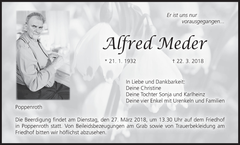  Traueranzeige für Alfred Meder vom 24.03.2018 aus MGO
