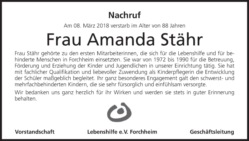  Traueranzeige für Amanda Stähr vom 16.03.2018 aus MGO