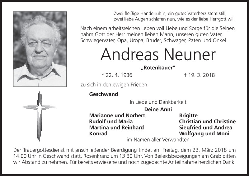  Traueranzeige für Andreas Neuner vom 21.03.2018 aus MGO