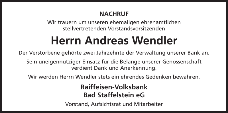  Traueranzeige für Andreas Wendler vom 21.03.2018 aus MGO
