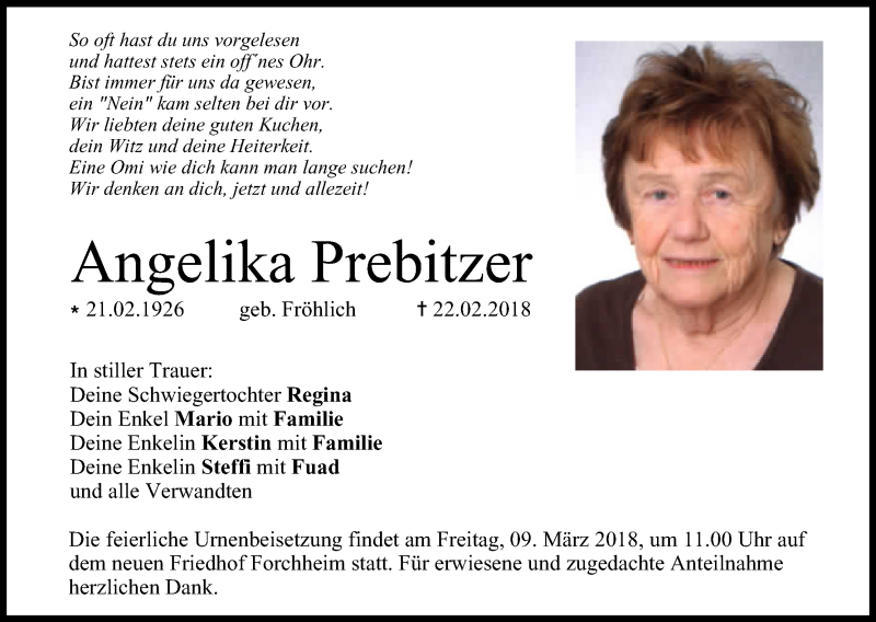  Traueranzeige für Angelika Prebitzer vom 06.03.2018 aus MGO