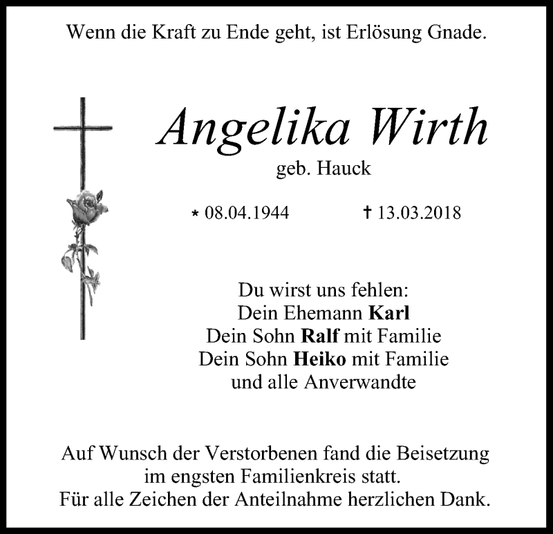  Traueranzeige für Angelika Wirth vom 24.03.2018 aus MGO