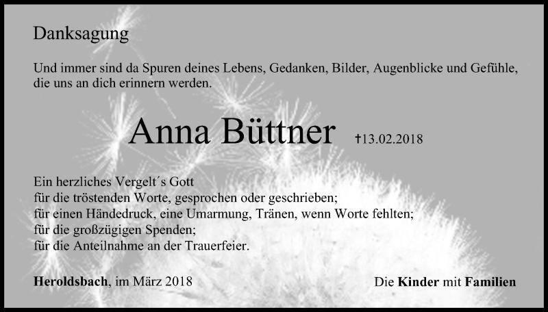  Traueranzeige für Anna Büttner vom 16.03.2018 aus MGO
