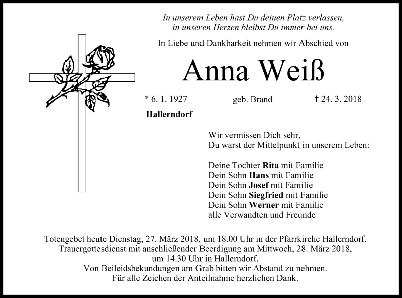  Traueranzeige für Anna Weiß vom 27.03.2018 aus MGO