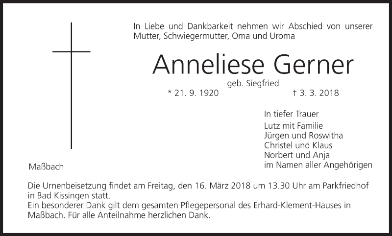  Traueranzeige für Anneliese Gerner vom 13.03.2018 aus MGO