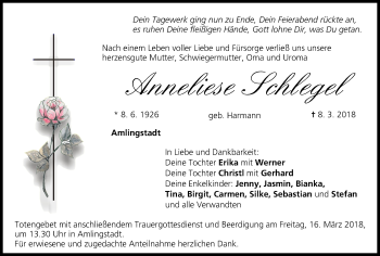 Anzeige von Anneliese Schlegel von MGO