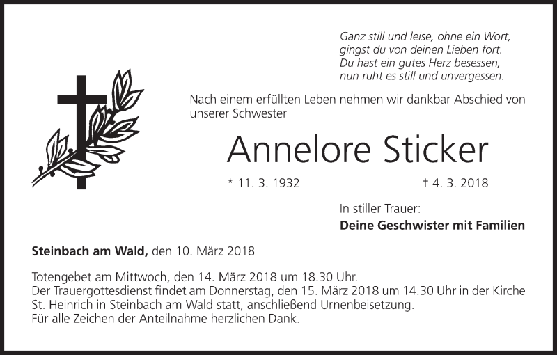  Traueranzeige für Annelore Sticker vom 10.03.2018 aus MGO