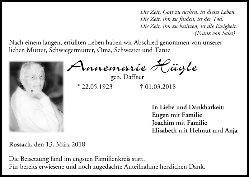  Traueranzeige für Annemarie Hügle vom 13.03.2018 aus MGO