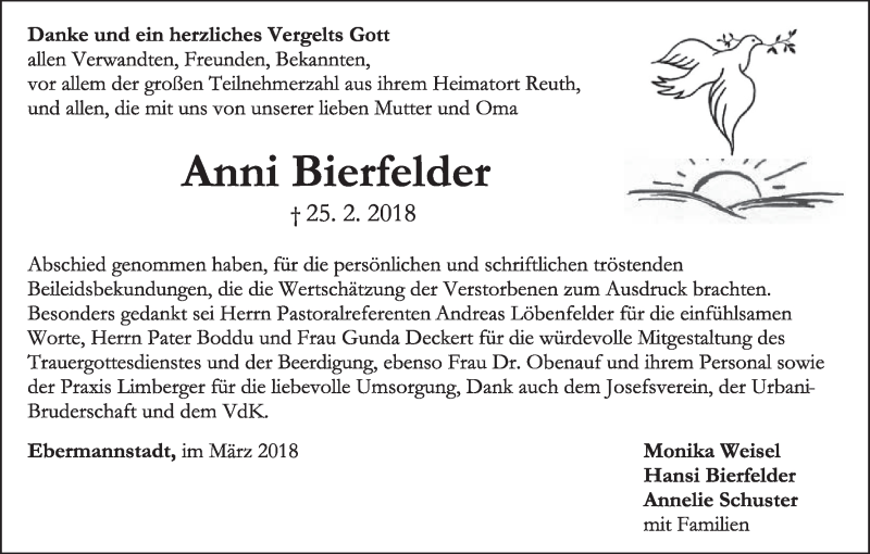  Traueranzeige für Anni Bierfelder vom 17.03.2018 aus MGO