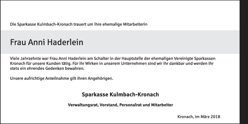  Traueranzeige für Anni Haderlein vom 07.03.2018 aus MGO