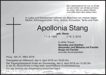 Anzeige von Apollonia Stang von MGO