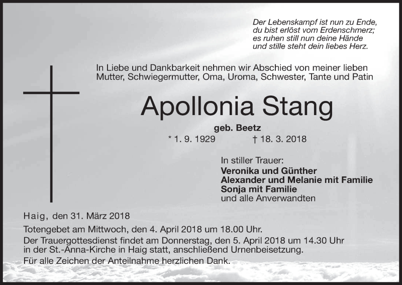  Traueranzeige für Apollonia Stang vom 31.03.2018 aus MGO