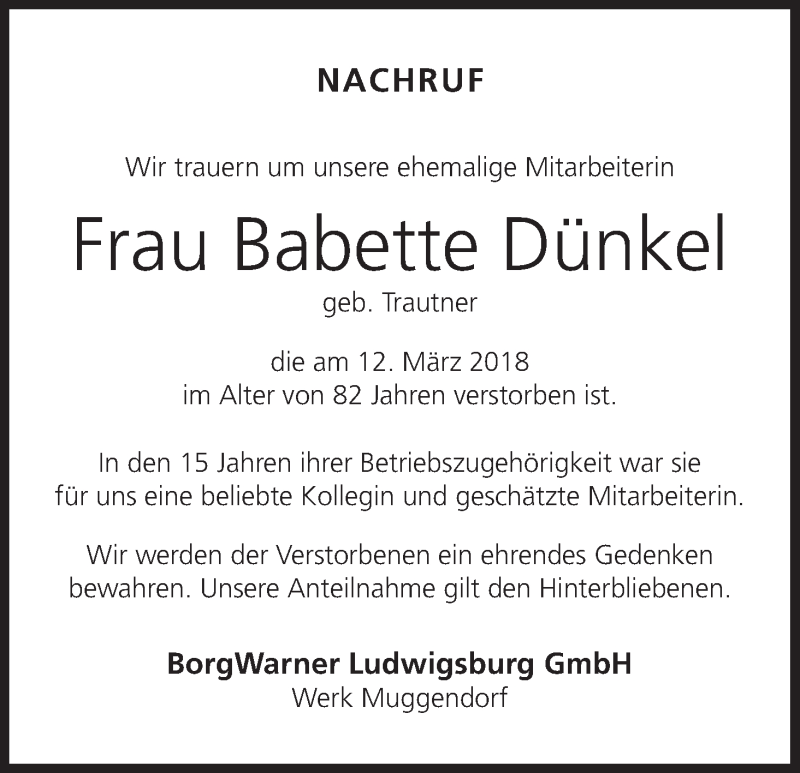  Traueranzeige für Babette Dünkel vom 28.03.2018 aus MGO