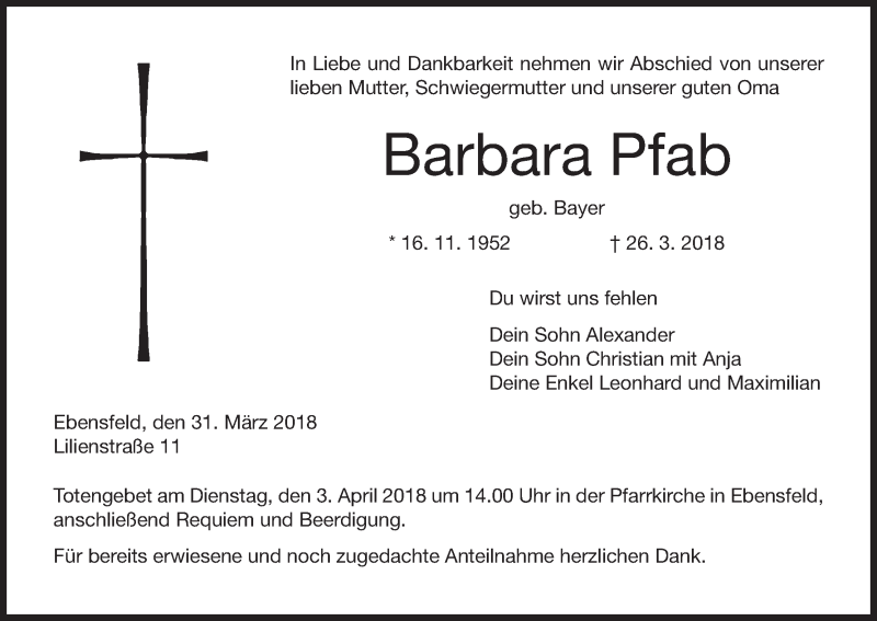  Traueranzeige für Barbara Pfab vom 31.03.2018 aus MGO