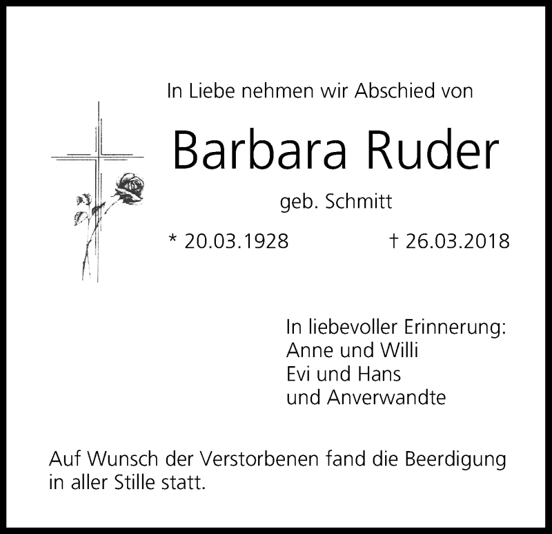  Traueranzeige für Barbara Ruder vom 31.03.2018 aus MGO