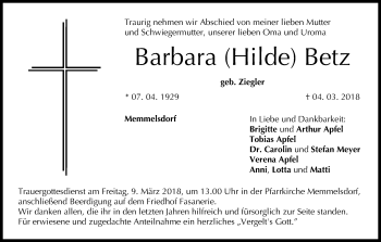 Anzeige von Barbara Hilde Betz von MGO