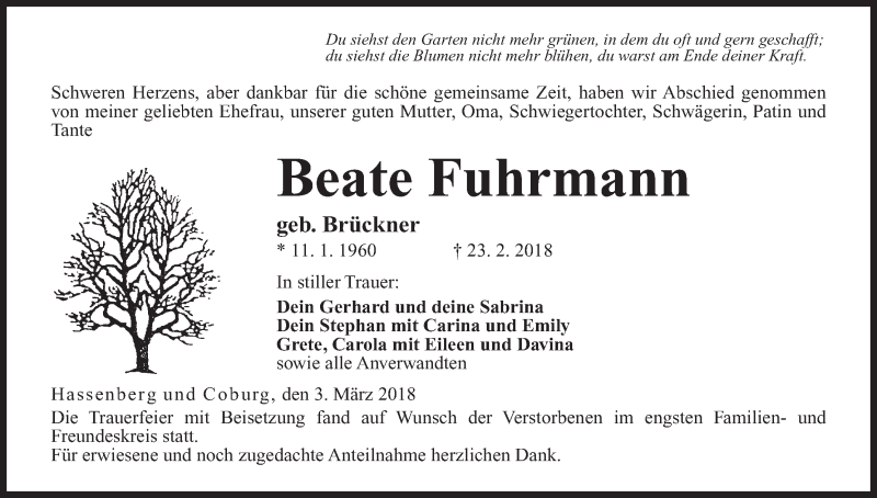  Traueranzeige für Beate Fuhrmann vom 03.03.2018 aus MGO