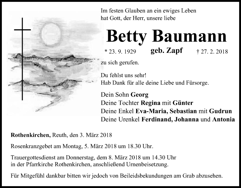  Traueranzeige für Betty Baumann vom 03.03.2018 aus MGO