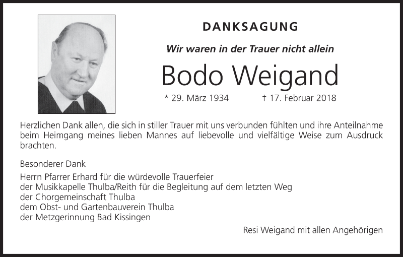  Traueranzeige für Bodo Weigand vom 10.03.2018 aus MGO