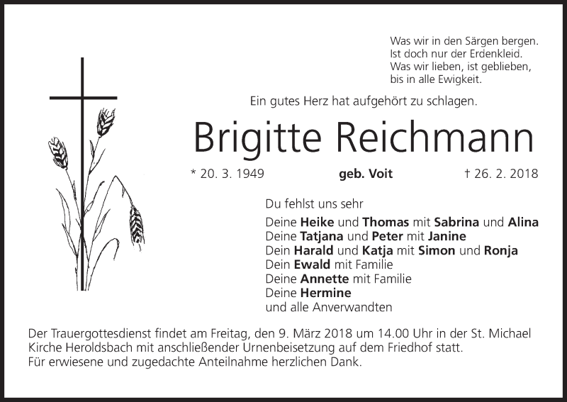  Traueranzeige für Brigitte Reichmann vom 07.03.2018 aus MGO