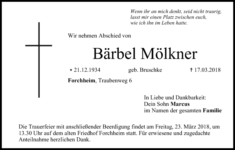  Traueranzeige für Bärbel Mölkner vom 21.03.2018 aus MGO