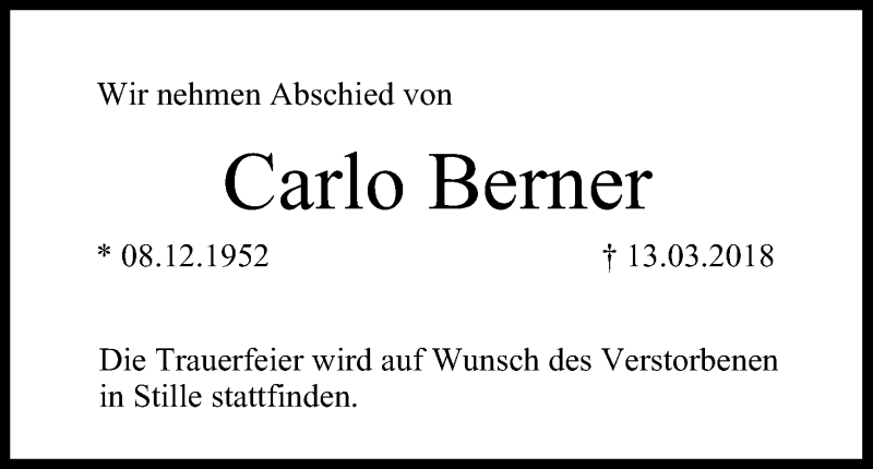  Traueranzeige für Carlo Berner vom 17.03.2018 aus MGO