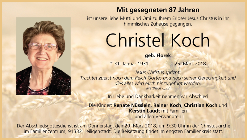  Traueranzeige für Christel Koch vom 27.03.2018 aus MGO