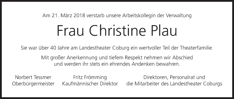  Traueranzeige für Christine Plau vom 27.03.2018 aus MGO