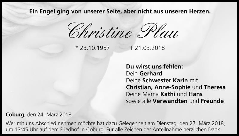  Traueranzeige für Christine Plau vom 24.03.2018 aus MGO