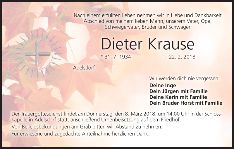  Traueranzeige für Dieter Krause vom 06.03.2018 aus MGO